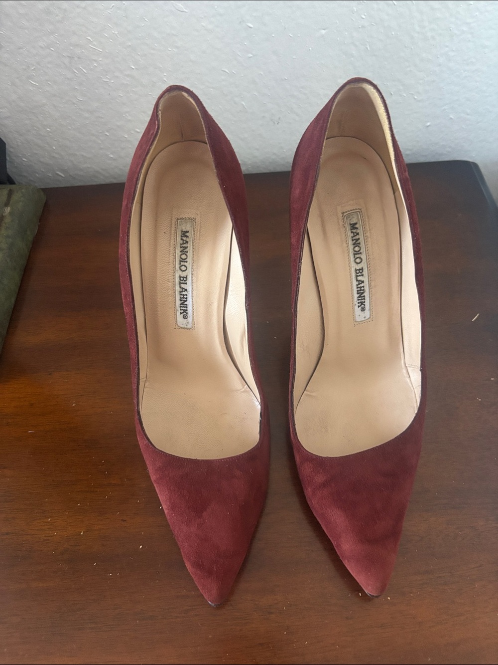 Manolo Blahnik Burgundy Suede Pointed Toe Pumps